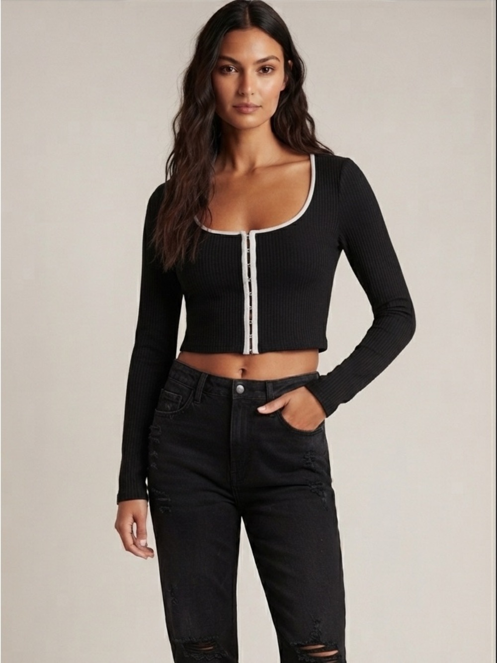 H&M Y2K Hook and Eye Front Corset Top XXS Black White Contrast Trim - Picture 1 of 4